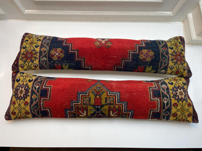 Set of 2 -Vintage Turkish Rug Lumbar Pillow Set: Handmade Kilim Cushions 12x48 Inch