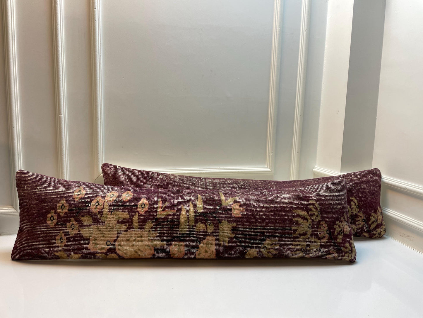 Set of 2 -Vintage Turkish Lumbar Pillow Cover Set: Plum Floral Kilim, 12x48 Inch