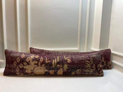 Set of 2 -Vintage Turkish Lumbar Pillow Cover Set: Plum Floral Kilim, 12x48 Inch