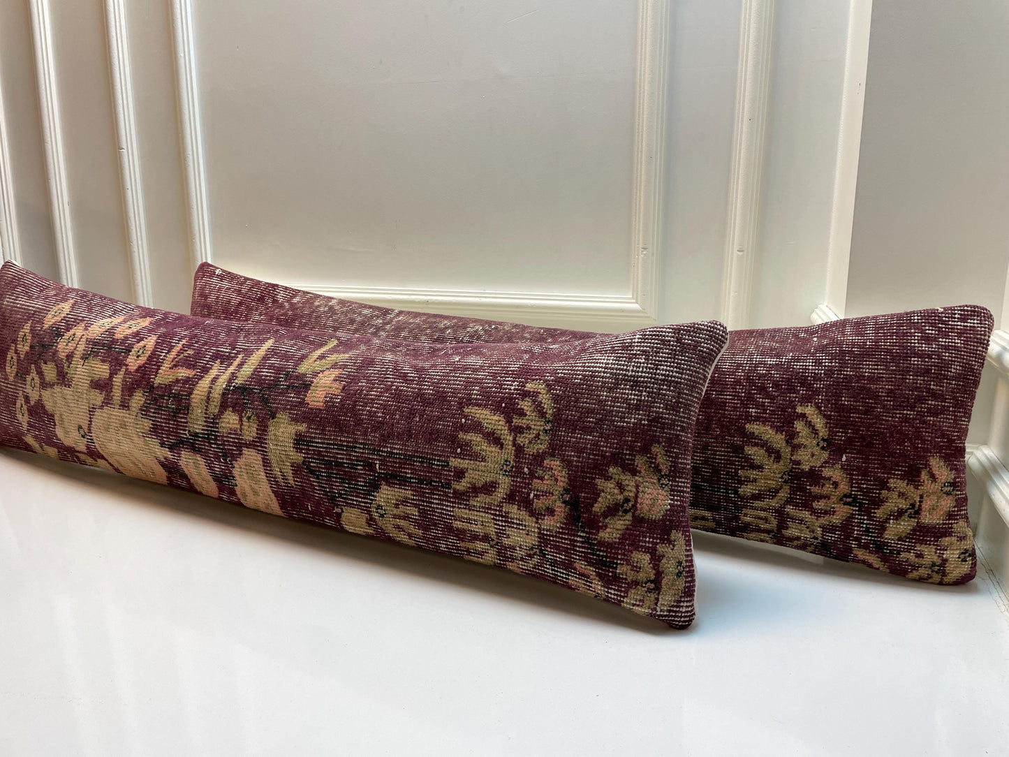 Set of 2 -Vintage Turkish Lumbar Pillow Cover Set: Plum Floral Kilim, 12x48 Inch