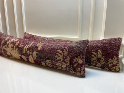 Set of 2 -Vintage Turkish Lumbar Pillow Cover Set: Plum Floral Kilim, 12x48 Inch