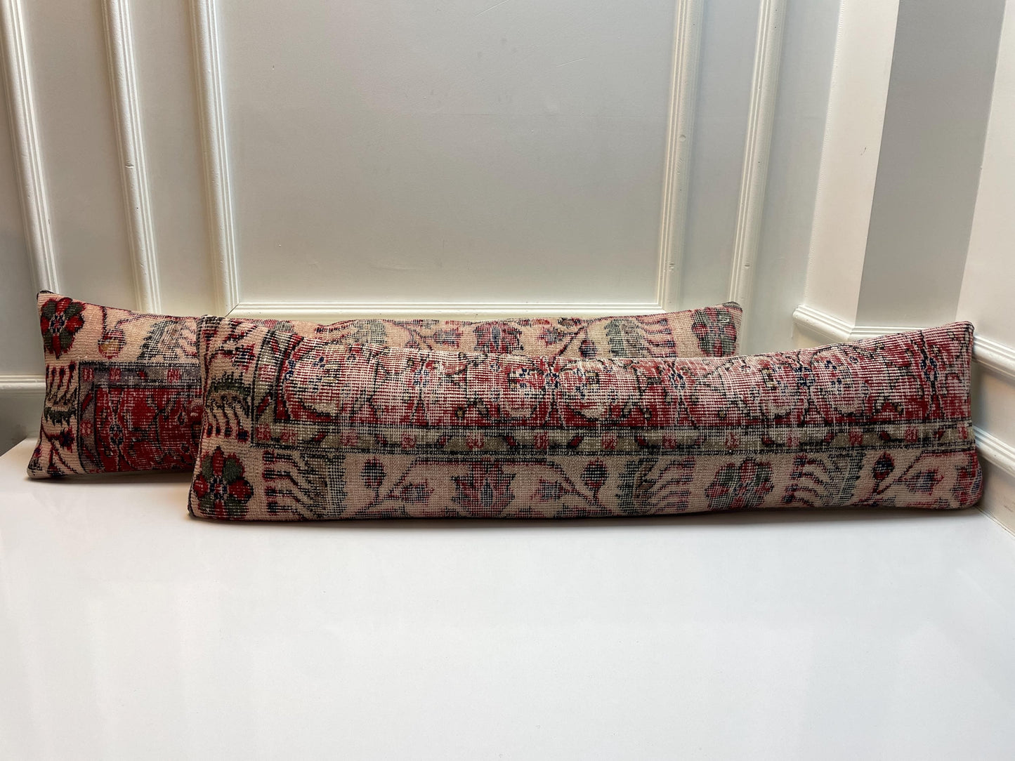 Vintage Turkish Rug  – Red Beige Floral Kilim Cushion, 12x48
