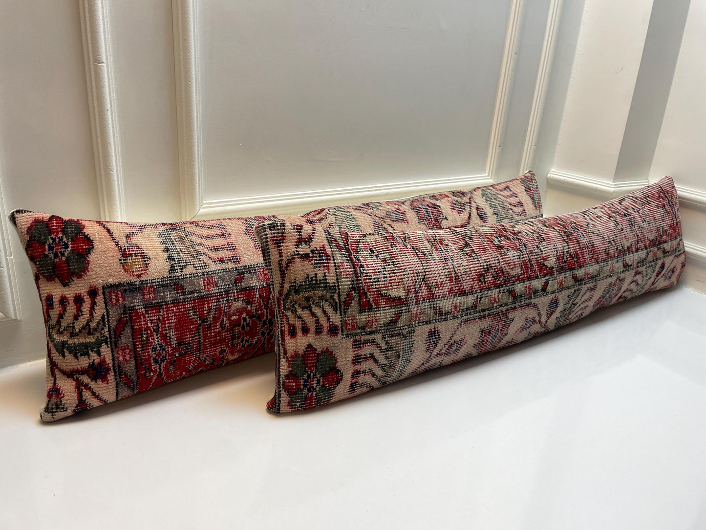Vintage Turkish Rug  – Red Beige Floral Kilim Cushion, 12x48