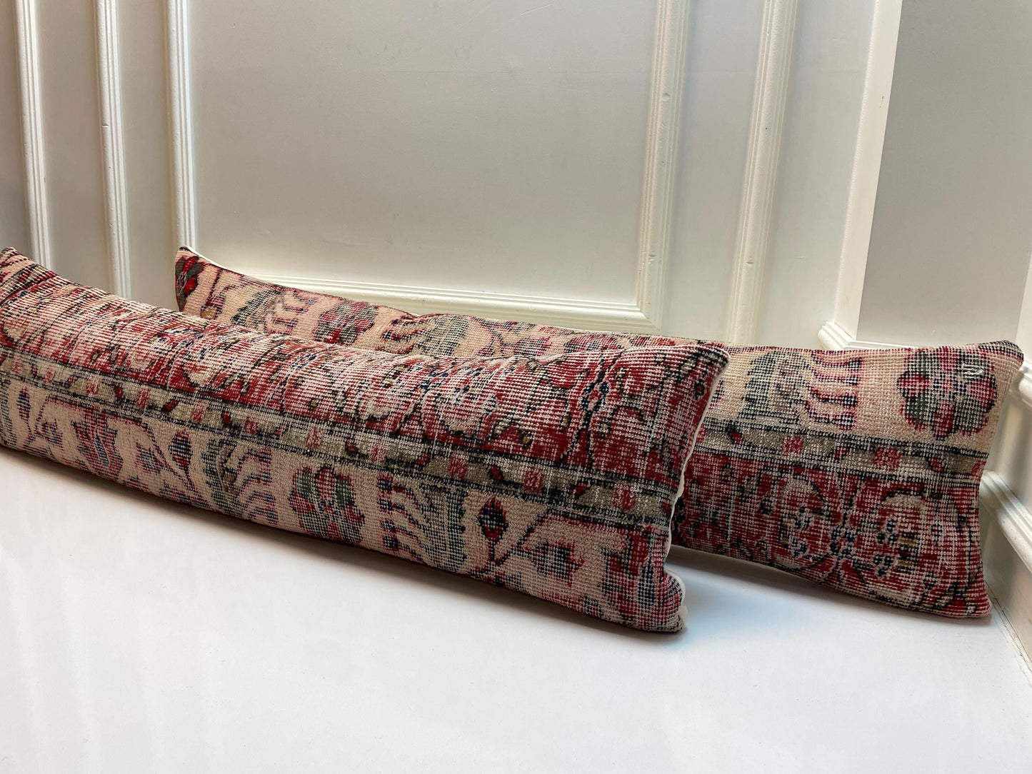 Vintage Turkish Rug  – Red Beige Floral Kilim Cushion, 12x48