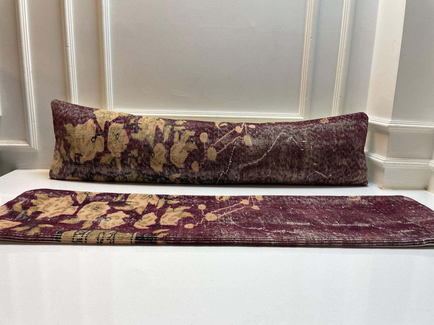Set of 2 -Vintage Floral Turkish Rug Lumbar Pillow Cover – 12x48 Boho Kilim Cushion