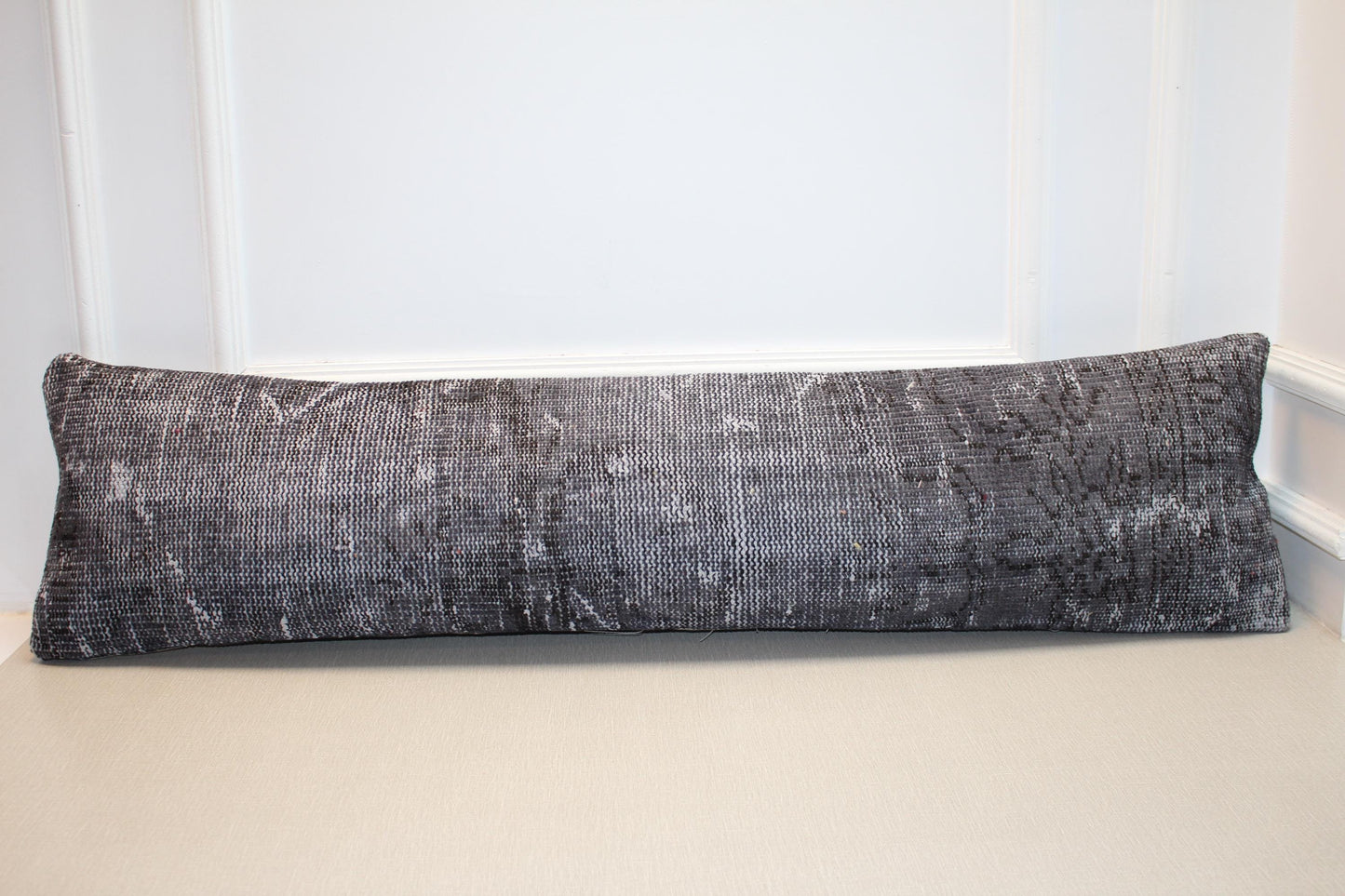 Vintage Turkish Rug Lumbar Pillow Cover – Charcoal Grey Kilim Cushion, Boho Long Bench Pillow12x48