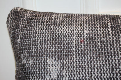 Vintage Turkish Rug Lumbar Pillow Cover – Charcoal Grey Kilim Cushion, Boho Long Bench Pillow12x48