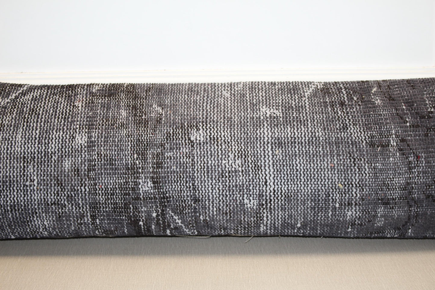 Vintage Turkish Rug Lumbar Pillow Cover – Charcoal Grey Kilim Cushion, Boho Long Bench Pillow12x48