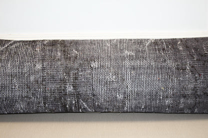 Vintage Turkish Rug Lumbar Pillow Cover – Charcoal Grey Kilim Cushion, Boho Long Bench Pillow12x48