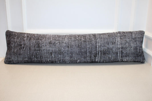 Vintage Turkish Rug Lumbar Pillow Cover – Long Black & Grey Bench Cushion, Boho Minimalist Decor