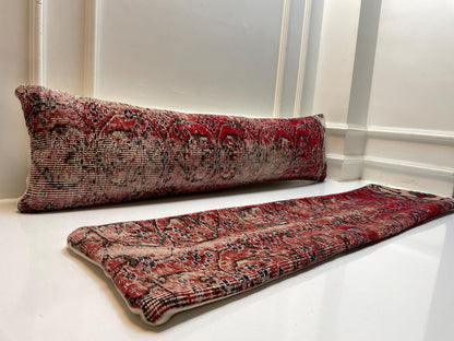 Set of 2 -Handmade Red Turkish Rug Lumbar Pillow Cover – Boho Kilim Cushion, 12x48