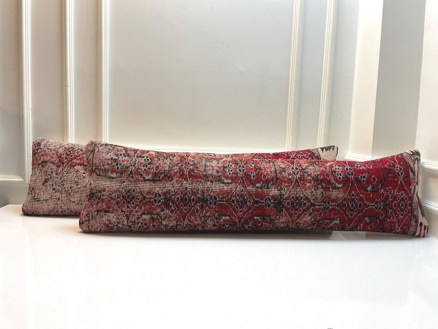 Set of 2 -Handmade Red Turkish Rug Lumbar Pillow Cover – Boho Kilim Cushion, 12x48