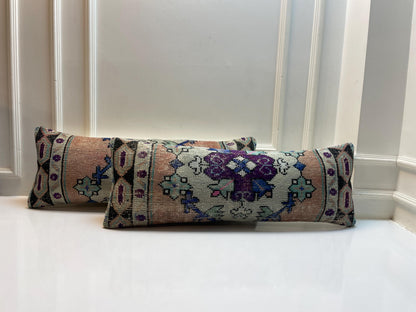 Set of 2-Vintage Turkish Rug Lumbar Pillow Cover – Boho Kilim Cushion (12x36)