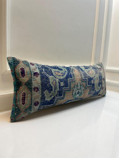 Handmade Turkish Rug Lumbar Pillow Cover – Boho Kilim Cushion (12x36 in)