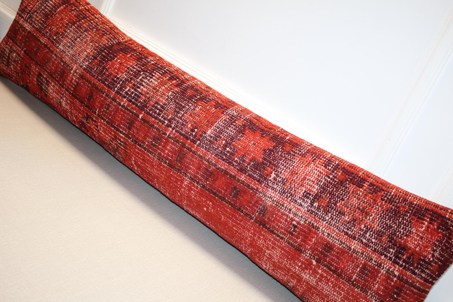 Vintage Turkish Rug Lumbar Pillow, Long Kilim Bench Cushion, Rustic Red Bolster, Boho Sofa