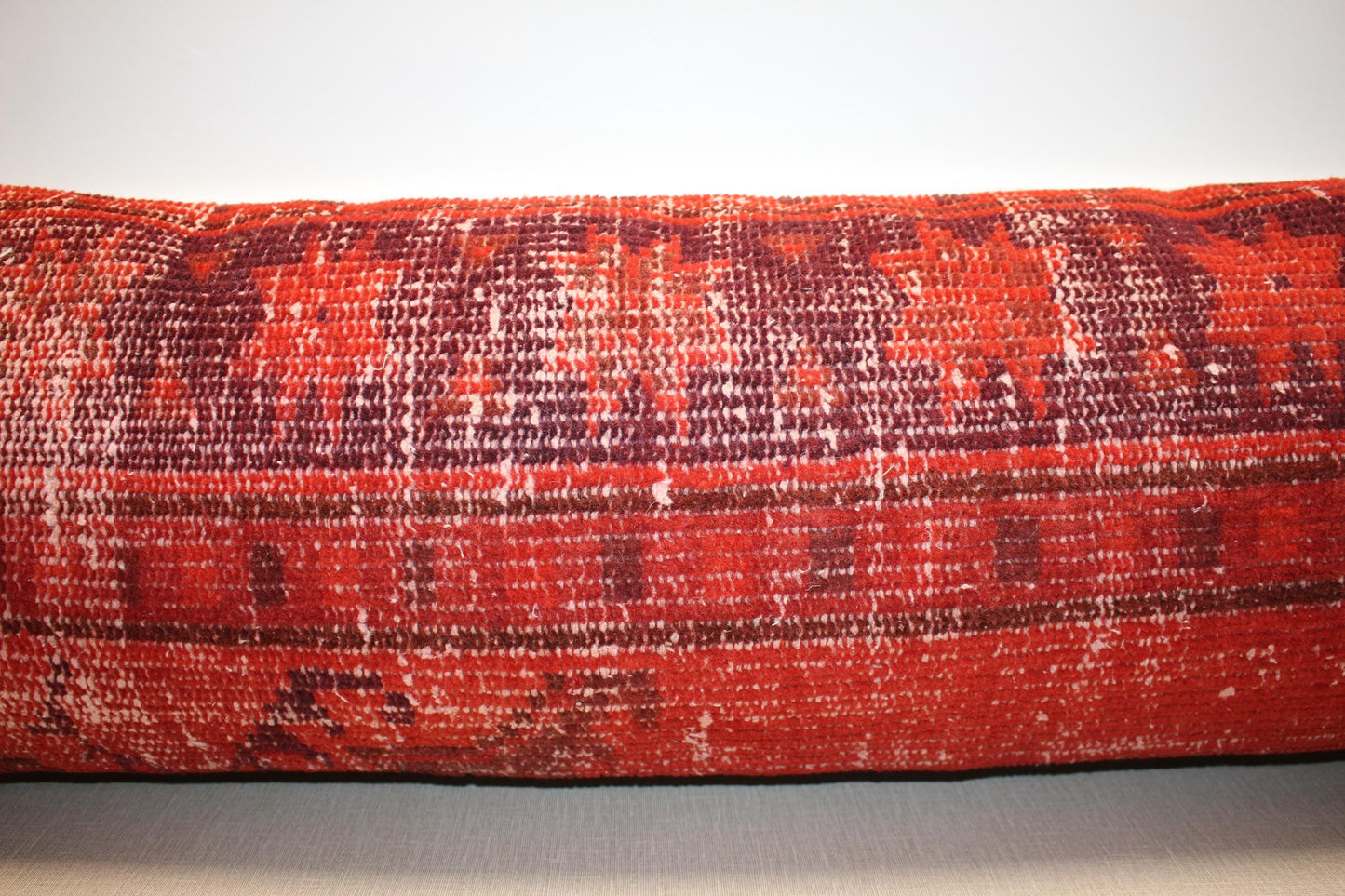 Vintage Turkish Rug Lumbar Pillow, Long Kilim Bench Cushion, Rustic Red Bolster, Boho Sofa