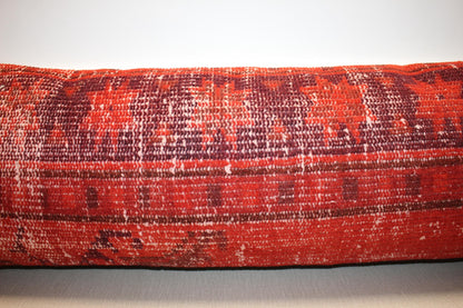 Vintage Turkish Rug Lumbar Pillow, Long Kilim Bench Cushion, Rustic Red Bolster, Boho Sofa