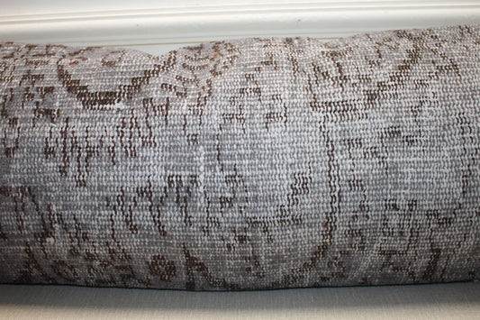 Vintage Turkish Rug Lumbar Pillow, Gray Kilim Bench Cushion, Long Boho Bolster, Rustic Decor
