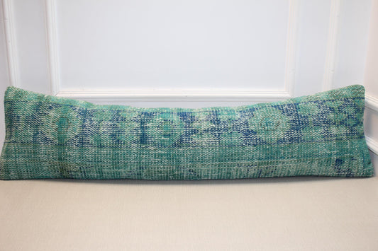 Vintage Turkish Rug Lumbar Pillow, Turquoise Kilim Bench Cushion, Long Boho Bolster, Aqua Decor