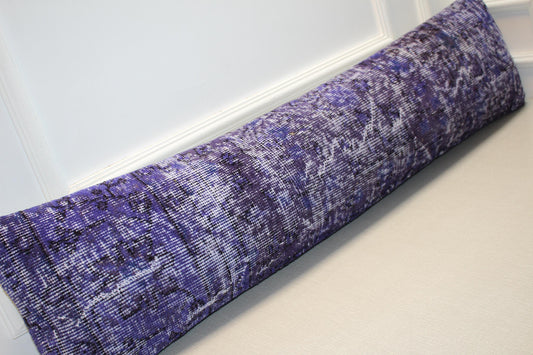 Vintage Turkish Rug Lumbar Pillow, Purple Kilim Cushion, Long Boho Bolster, Rustic Lavender Decor