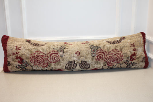 Vintage Turkish Rug Lumbar Pillow, Orange Kilim Bench Cushion, Long Boho Bolster, Rustic Greendecor