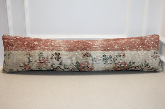 Vintage Turkish Rug Lumbar Pillow, Pastel Kilim Bench Cushion, Long Boho Bolster, Soft FloralDecor
