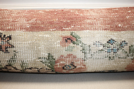 Vintage Turkish Rug Lumbar Pillow, Pastel Kilim Bench Cushion, Long Boho Bolster, Soft FloralDecor