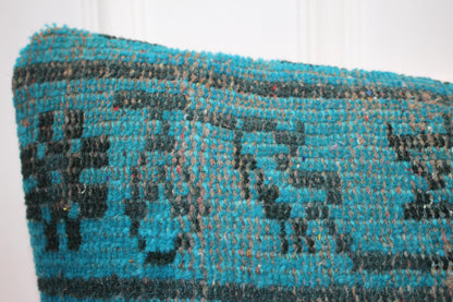 Vintage Turkish Rug Lumbar Pillow, Turquoise Kilim Bench Cushion, Long Boho Bolster,Teal BlueSofa