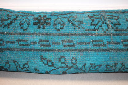 Vintage Turkish Rug Lumbar Pillow, Turquoise Kilim Bench Cushion, Long Boho Bolster,Teal BlueSofa