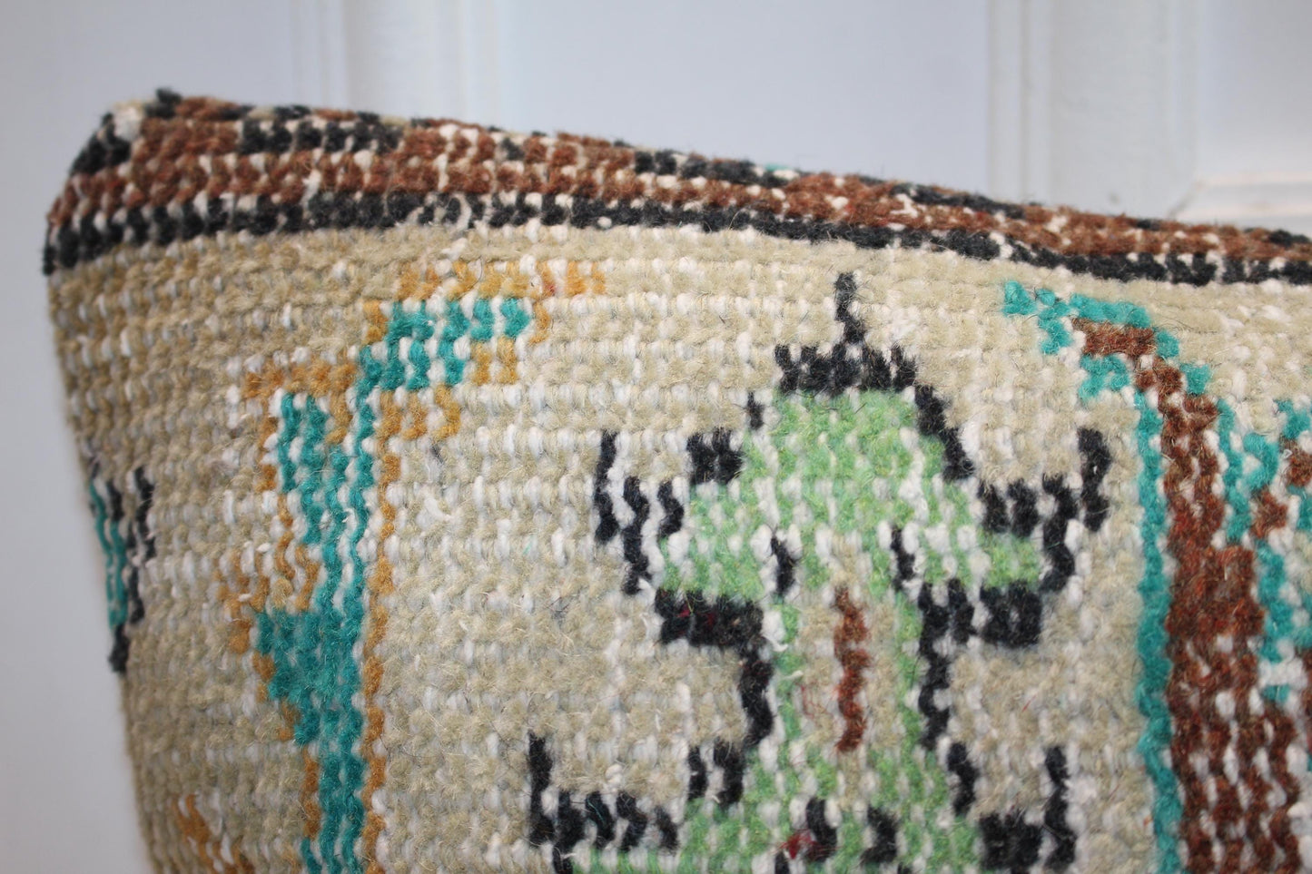 Vintage Turkish Rug Lumbar Pillow, Mint Floral Kilim Bench Cushion, LongBoho Bolster, Cream Turquoise