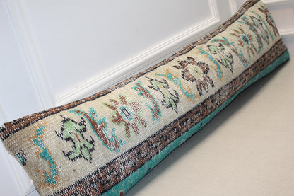 Vintage Turkish Rug Lumbar Pillow, Mint Floral Kilim Bench Cushion, LongBoho Bolster, Cream Turquoise