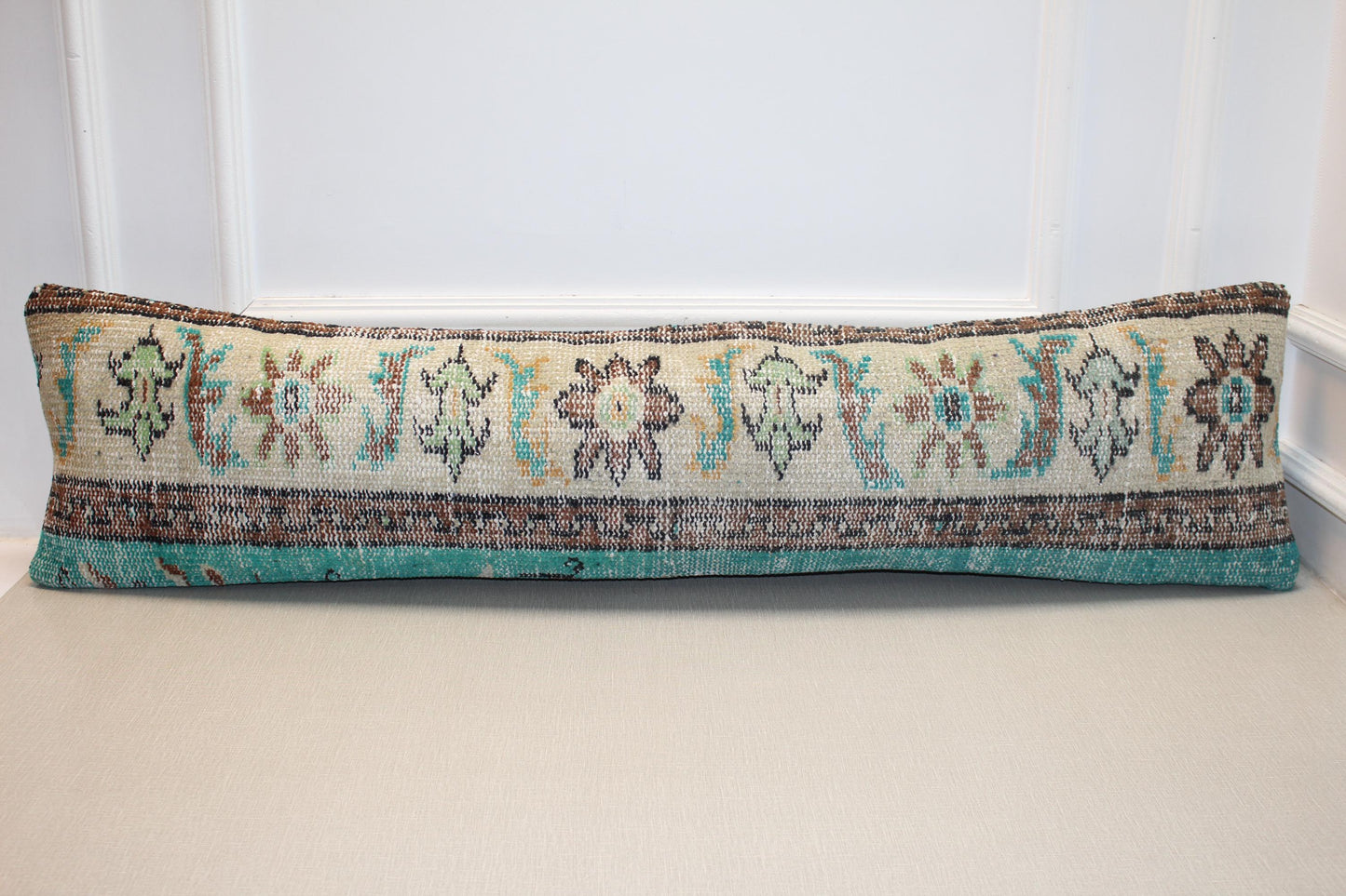 Vintage Turkish Rug Lumbar Pillow, Mint Floral Kilim Bench Cushion, LongBoho Bolster, Cream Turquoise