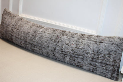 Vintage Turkish Rug Lumbar Pillow, Gray Kilim Bench Cushion, Long Boho Bolster, Charcoal SmokeSofa
