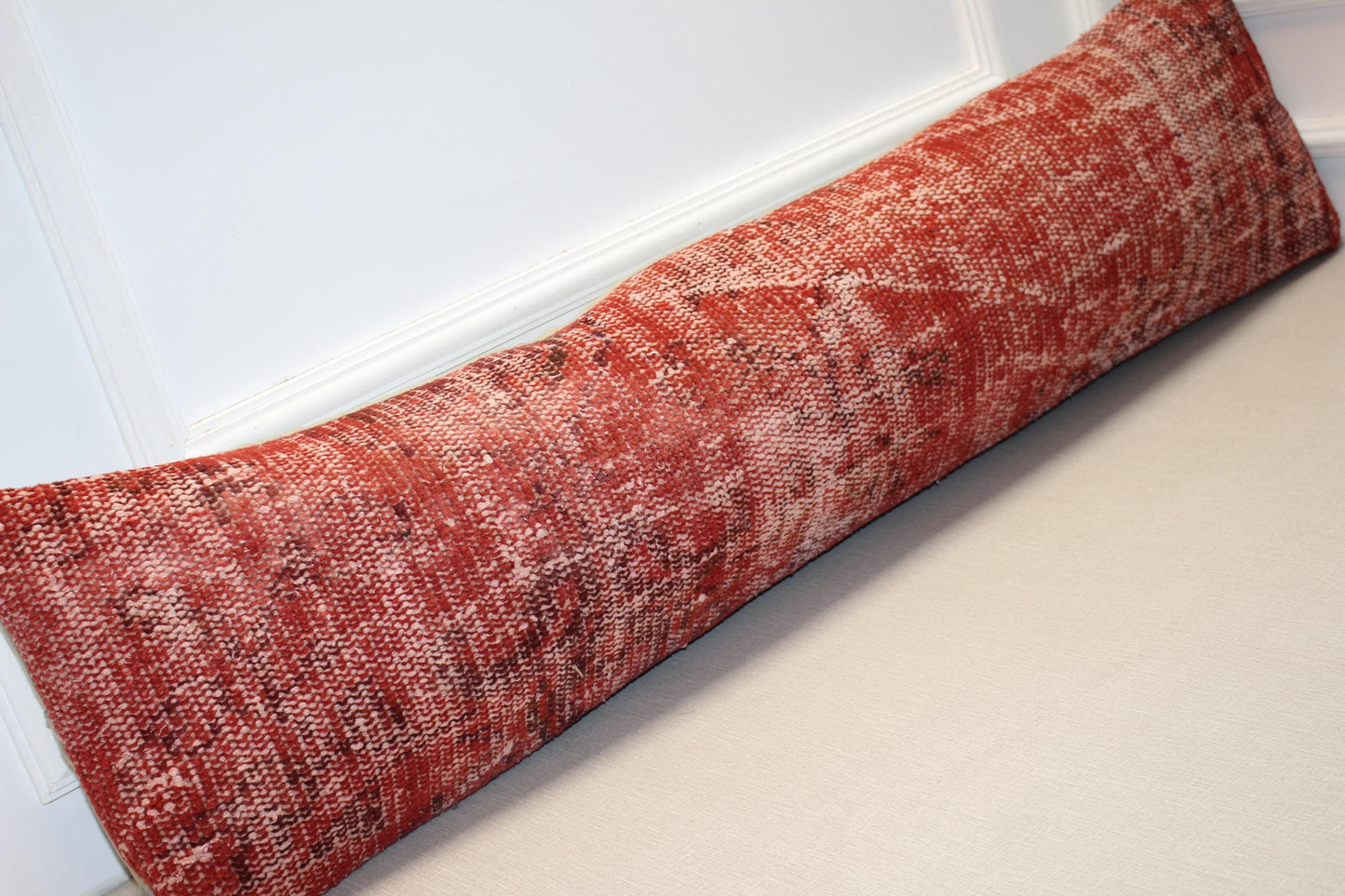 Vintage Turkish Rug Lumbar Pillow, Rust Red Kilim Bench Cushion, Long Boho Bolster, TerracottaSofa