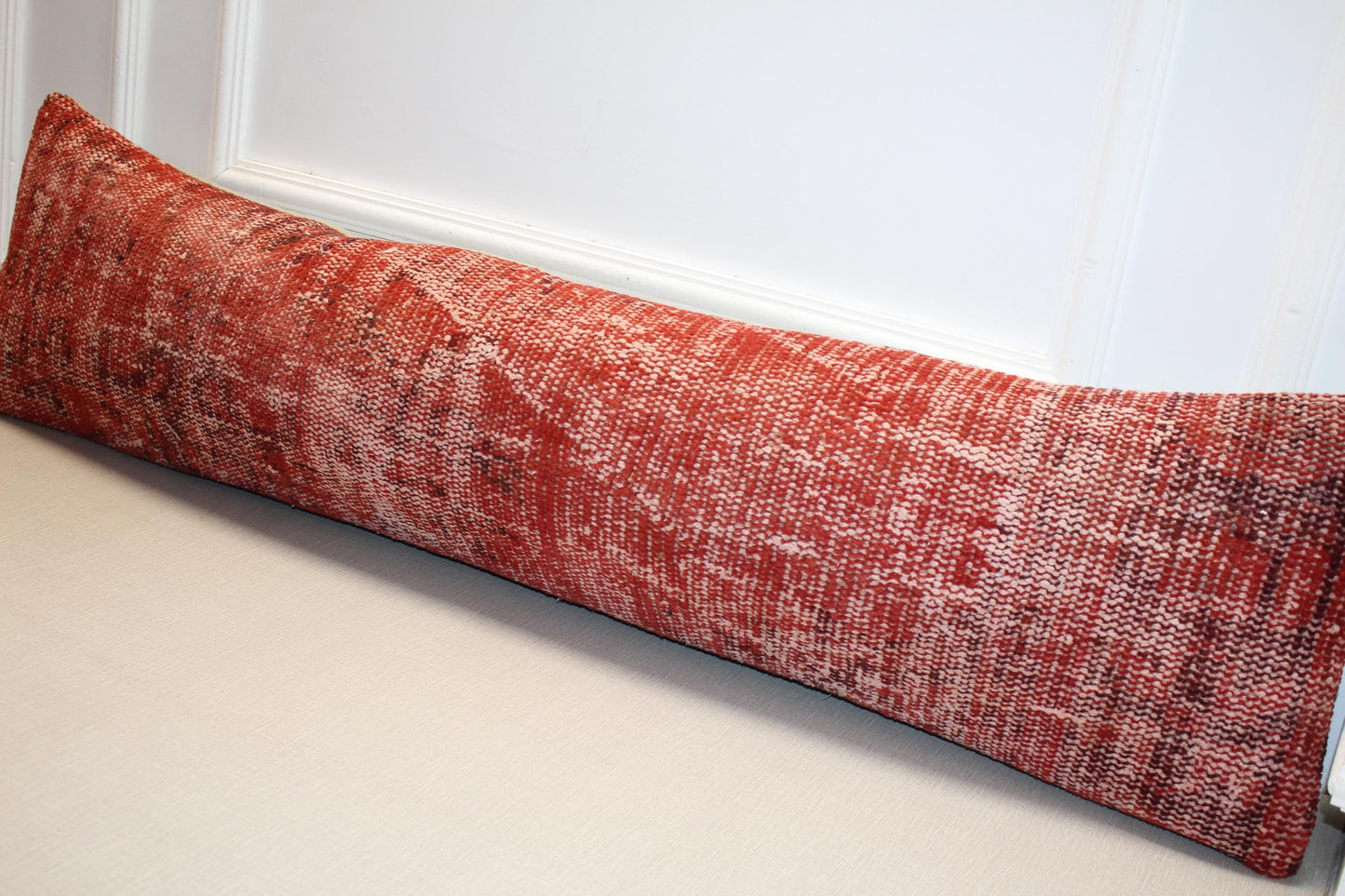 Vintage Turkish Rug Lumbar Pillow, Rust Red Kilim Bench Cushion, Long Boho Bolster, TerracottaSofa