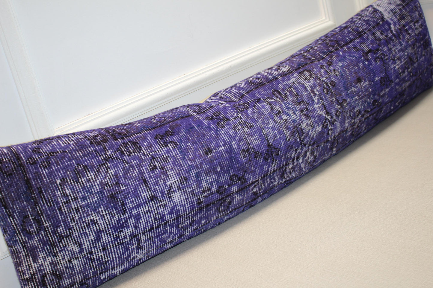 Vintage Turkish Rug Lumbar Pillow, Purple Kilim Bench Cushion, Long Boho Bolster, Indigo Lavender
