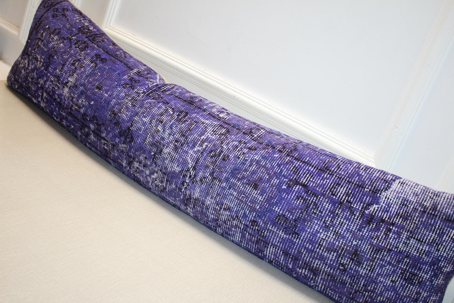 Vintage Turkish Rug Lumbar Pillow, Purple Kilim Bench Cushion, Long Boho Bolster, Indigo Lavender