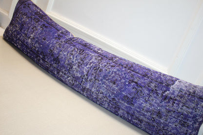 Vintage Turkish Rug Lumbar Pillow, Purple Kilim Bench Cushion, Long Boho Bolster, Indigo Lavender