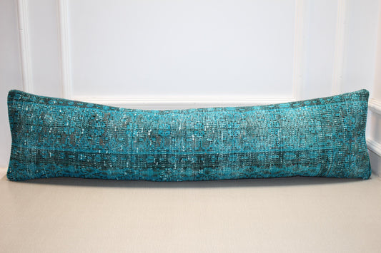Vintage Turkish Rug Lumbar Pillow, Teal Turquoise Kilim Bench Cushion, Long Boho Bolster Decor