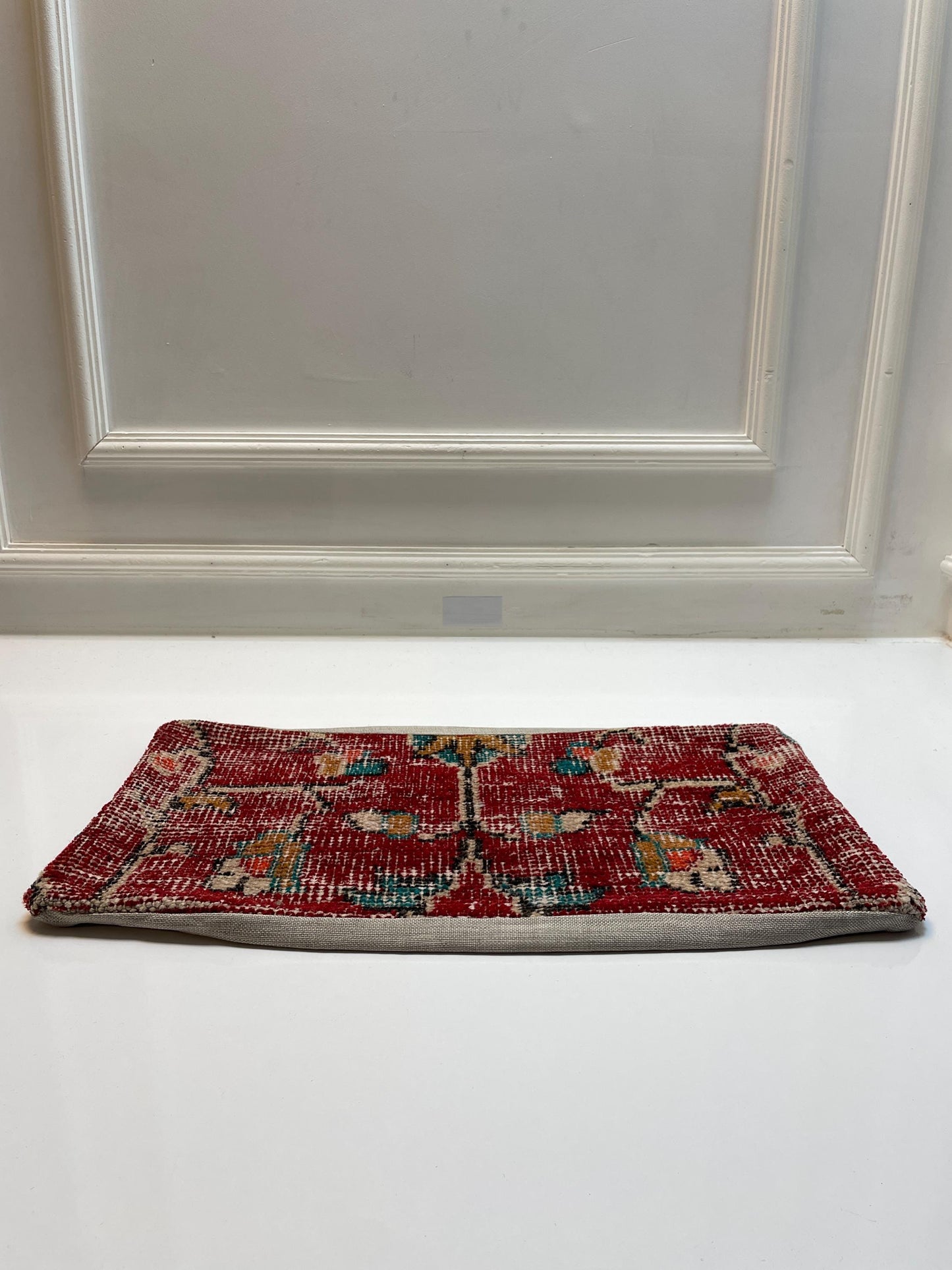 Deep Red Distressed Floral Kilim Pattern, Handwoven Upcycled Textile, Boho Rustic Decorative Cushion