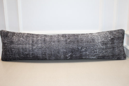 Vintage Turkish Rug Lumbar Pillow Cover, Gray Kilim Cushion, Boho Sofa Decor, LongThrow Pillow