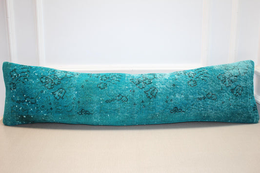 Vintage Turkish Rug Lumbar Pillow Cover, Turquoise Teal Kilim Cushion, Boho Sofa Decor, LongPillow