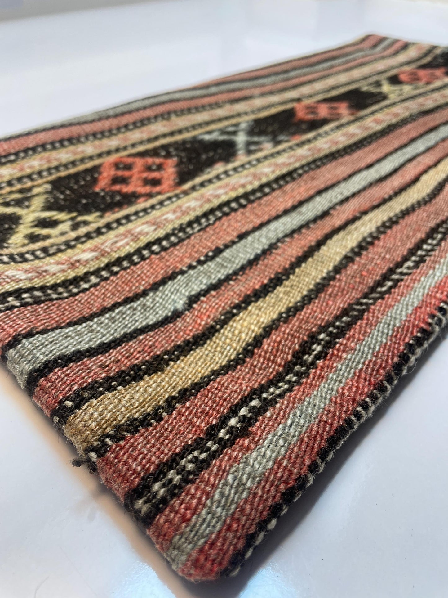 Vintage Turkish Kilim Lumbar Pillow – Tribal Wool Rug Cushion, Boho Rustic (12x24 inch)