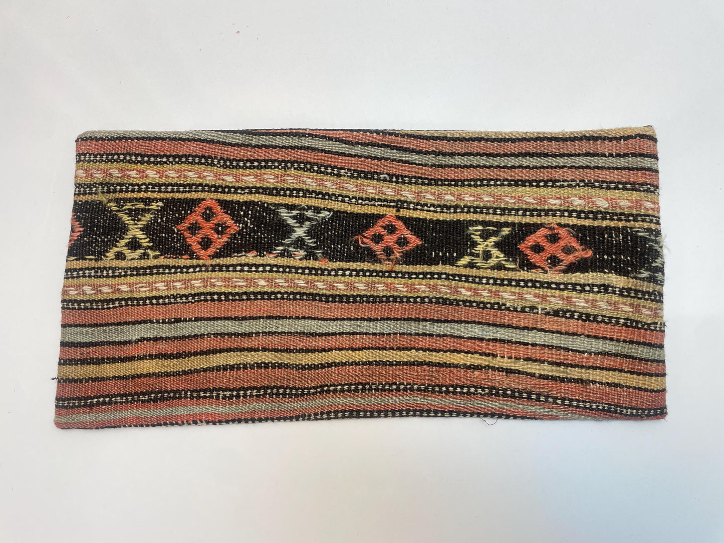 Vintage Turkish Kilim Lumbar Pillow – Tribal Wool Rug Cushion, Boho Rustic (12x24 inch)