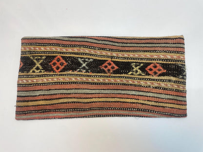 Vintage Turkish Kilim Lumbar Pillow – Tribal Wool Rug Cushion, Boho Rustic (12x24 inch)