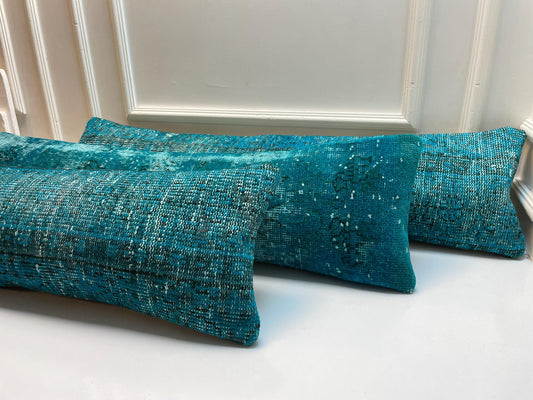 3-Piece Turquoise Turkish Kilim Lumbar Pillow Set – Upcycled Boho Decor (12x48)