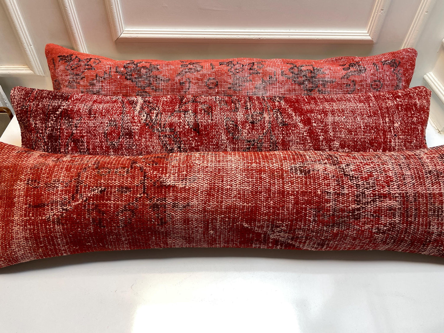Red Turkish Kilim Lumbar Pillow Set – Upcycled Boho Rug Cushions, 12x48