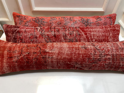 Red Turkish Kilim Lumbar Pillow Set – Upcycled Boho Rug Cushions, 12x48