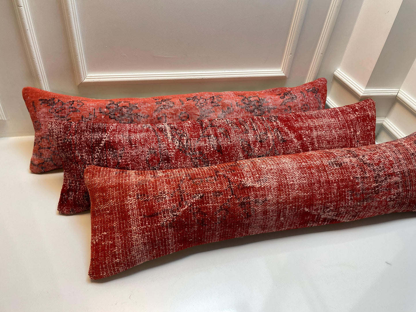 Red Turkish Kilim Lumbar Pillow Set – Upcycled Boho Rug Cushions, 12x48