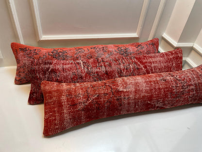 Red Turkish Kilim Lumbar Pillow Set – Upcycled Boho Rug Cushions, 12x48